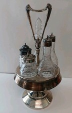 Antique Victorian EAPG Pressed Glass Castor Set Bottles - Cruet, Salt & Pepper Shakers, and Mustard Pot with Pewter Lids (4 pieces plus stopper) — listing 2
