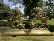 Vintage Brass Lion and Unicorn Heraldic Bookends Pair - Royal Coat of Arms Supporters — listing 3
