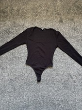 Missguided Black Ribbed Long Sleeve Bodysuit, Square Neck, UK 12