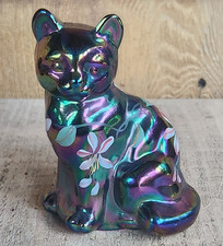 Fenton Blue Carnival Glass Sitting Cat Figurine with Hand-Painted Daisies — listing 2