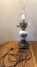 Vintage Hurricane Table Lamp with Ruffled Amber Glass Shade and Floral Milk Glass Font