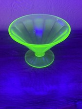 Vintage Uranium Green Depression Glass Footed Sundae Dish / Small Compote with Embossed Floral Scroll Pattern, 3 inches tall — listing 3