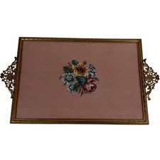 Vintage Mahogany Vanity Bench with Floral Needlepoint Seat and Scrolled Arms — listing 2