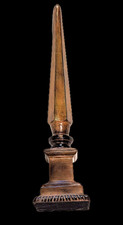Decorative Cast Metal Obelisk with Lattice Pattern, Ball Feet, and Verdigris Patina, Made in India, approx. 13-14" tall — listing 4