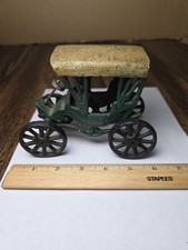 Antique Cast Iron Two-Seat Horse-Drawn Phaeton Carriage Toy with Two White Horses and Figures — listing 3