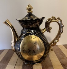 Vintage Black Glazed Ceramic Globe Teapot with Lid