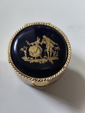 Vintage Limoges-Style Round Pill Box with Black & Gold Fragonard Courting Couple Porcelain Plaque — listing 6