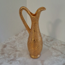 Vintage White Ceramic Ornate Ewer / Pitcher Vase with Scrolled Handle