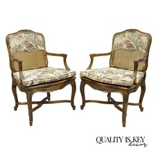 Pair of Vintage French Louis XV Style Fauteuil Armchairs with Cane Backs and Tufted Upholstery — listing 6
