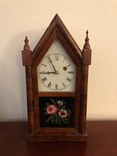 Antique Steeple / Gothic Shelf Clock with Turned Finials and Reverse-Painted Glass Tablet — listing 2