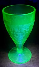 Uranium Green Glass Cordial/Wine Goblet with Sandwich Lace Pattern, 4.5 inches — listing 3