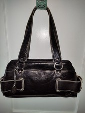 Franco Sarto Black Textured Satchel Handbag with Tan Webbed Handles — listing 6