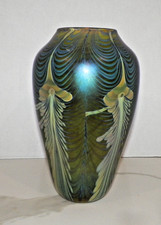Hand-Blown Art Glass Vase with Blue & White Pulled Feather / Peacock Design and Iridescent Gold Interior — listing 3