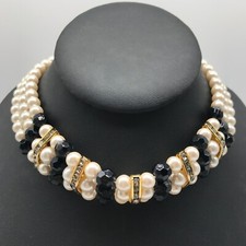 Vintage 20-inch Faux Pearl, Rhinestone & Clear Crystal Bead Station Necklace on Antiqued Silver-Tone Chain — listing 6