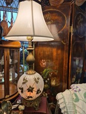 Vintage Hollywood Regency Table Lamp with Cream Glass Rose-Painted Font and Ornate Cast Metal Base