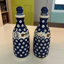 Boleslawiec Polish Pottery Oil & Vinegar Cruet Set with Tray, Blue Grape Pattern, 3-Piece — listing 4
