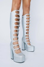 Emmy Sequin Glitter Knee-High Stiletto Boots, Size 10, Silver — listing 4