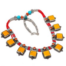 Tibetan/Nepalese Amber-Colored Resin Pendant with Repoussé Silver-Tone Caps and Turquoise Accents — listing 5