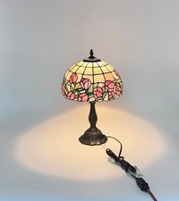Tiffany-Style Leaded Stained Glass Lamp Shade with Floral & Filigree Border, Cast Metal Base — listing 4