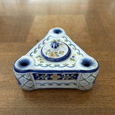 Antique French Faience Inkstand (Encrier) with Twin Inkwells - Yellow Mustard Ground with Hand-Painted Flowers, DE Mark Only the DE initials and wheel are prese — listing 4