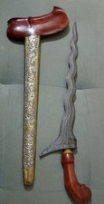 Javanese Keris with Luk (Wavy) Pamor Blade, Wooden Ukiran Hilt, and Gandar Scabbard