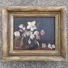 Vintage Floral Still Life Oil Painting on Canvas in Ornate Gilt Baroque-Style Frame, Signed — listing 3