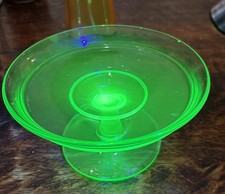 Uranium Glass Footed Compote with Ruffled Rim and Etched Floral Design