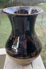 Studio Art Pottery Vase, Two-Tone Brown & Black Glaze with Drip Detail and Sculptural Handles — listing 5