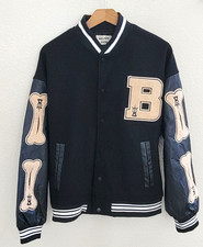 Black Varsity Bomber Jacket with Chenille Bone Patches and 'B' Letterman Patch — listing 3