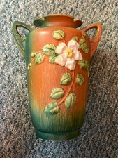 Roseville White Rose Two-Handled Vase in Pink/Green — listing 4