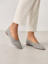 Gray Suede Pointed-Toe Ballet Flats with Cap-Toe Detail and Gold Insole — listing 2