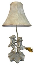 Figural Double Frog Lily Pad Table Lamp with Amber Tortoiseshell Art Glass Shade — listing 4