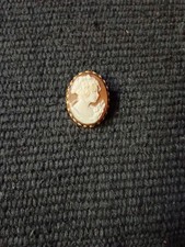 Antique Victorian Shell Cameo Mourning Brooch with Photo Locket Back, Gilt Metal Frame with Etruscan Bead Detail — listing 3