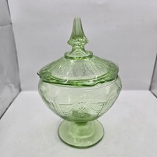 Green Uranium Depression Glass Covered Candy Dish with Pointed Finial, Princess Pattern, 9" Tall — listing 5