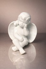 White Resin Cherub Angel Figurine Holding Flower Bouquet — listing 5