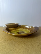 Vintage California Pottery Lazy Susan Chip & Dip Set with Figural Fruit Basket Bowl — listing 3
