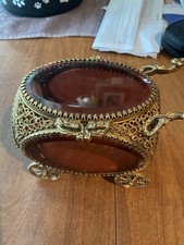 Vintage Ormolu Filigree Jewelry Casket with Beveled Yellow Glass Lid and Slag Glass Body — listing 2