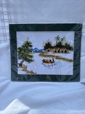Vietnamese Hand-Embroidered Silk Art Panel, Water Buffalo in Rice Paddy, Framed — listing 4