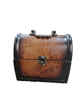 Vintage Dome-Top Wooden Trinket Chest with Wrought Iron Scrollwork Strap Hardware — listing 4
