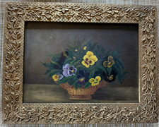 Antique Victorian Oil Painting Still Life of Pansies in Ornate Gilt Gesso Frame — listing 2
