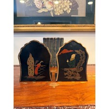 Pair of Vintage Chinoiserie Black Lacquer Wood Bookends with Hand-Painted Figural Scenes — listing 3