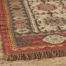 Handwoven Wool Flatweave Rug with Geometric Tribal Pattern (Gray & Cream) — listing 2