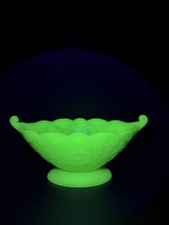 Vintage Uranium Glass Rolled-Edge Console Bowl with Gold Floral Encrusted Band, 15" Diameter