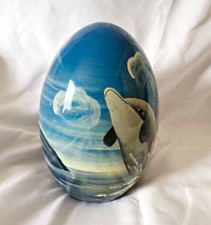 Art Glass Paperweight with Dolphin and Blue Swirl Design, Controlled Bubbles — listing 5