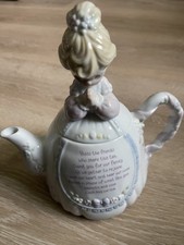 Precious Moments Style Ceramic Teapot with Boy and Girl Relief Design and Heart Finial — listing 6