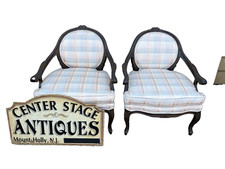 French Louis XV Style Bergère Armchair with Carved Walnut Frame and Damask Upholstery — listing 4
