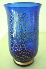 Bohemian glass Bohemian Enameled Blue Glass Vase with Moorish Gilt Decoration and Raised Floral Enamel — listing 4