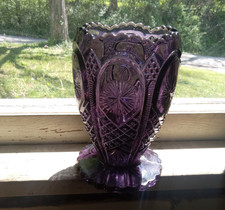 Pressed Glass Vase with Frosted Rose Motif and Sawtooth Rim — listing 2