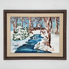 Vintage Framed Oil Painting on Canvas, River Landscape with Birch Trees and Distant Mountains — listing 3