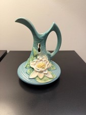 Roseville Pottery Water Lily Pattern Basket 382-12, Pink and Green Glaze — listing 3